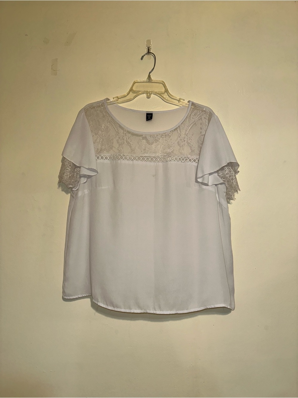 White Lace Yoke Flutter Sleeve Top